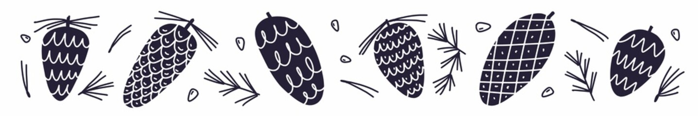 Horizontal illustration of fir cones drawn by hand in the style of a doodle