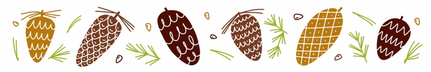 Horizontal illustration of fir cones drawn by hand in the style of a doodle
