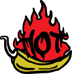 Super hot red chilli pepper in fire. Chili peppers in flame. Vector illustration. Hot spices.
