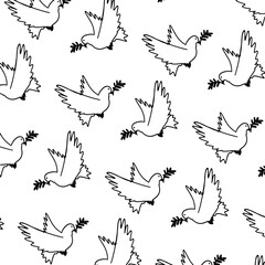One continuous line drawing of dove of peace flying with green olive twig. Bird and branch symbol of peace and freedom in simple linear style. Pigeon icon. pattern