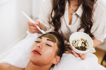 Woman Getting A Facial Mask With Seaweed Mud At The Beauty Salon