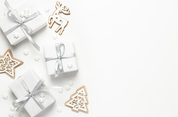 White Christmas decoration on white background with copy space. 