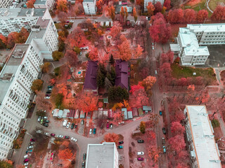 Aerial vibrant autumn city, houses, look down