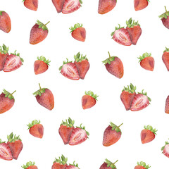 Seamless pattern of hand drawn watercolor strawberry