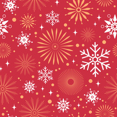 Vector abstract seamless pattern. Christmas and New Year. Snowflakes, fireworks and decorations. Red, gold and white color. Element for design and decor.