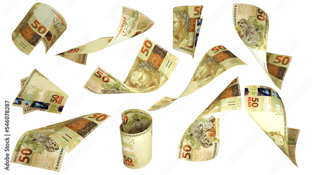 Poster 3d rendering of 50 brazilian real notes flying in different angles and orientations isolated on whit