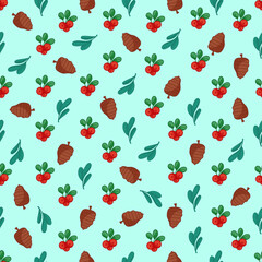 Winter, natural, seamless pattern with rowan, fir branches, winter leaves on a blue background. Vector illustration winter plants background. Wrapping paper
