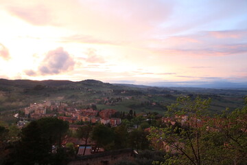 Landscape around San Gimignano at sunset, Tuscany Italy