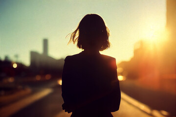 Woman silhouette in big city street. Filmic and cinematic view of girl walking outdoors.