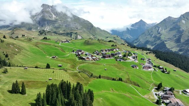 Lech municipality western Austrian state of Vorarlberg, located in Bludenz. Winter sports holiday resort destination in summer. Dutch royal family vacation place. Aerial