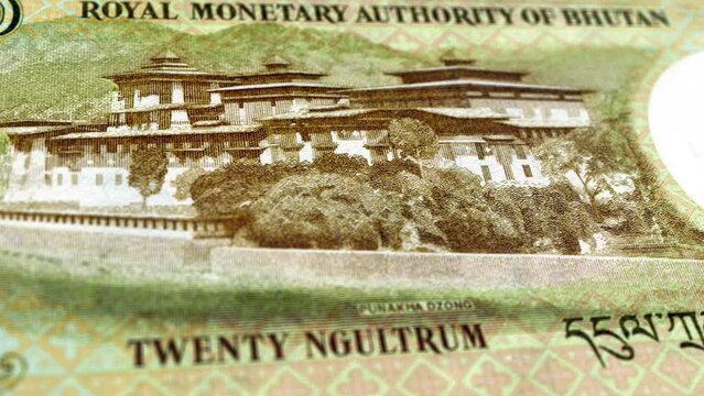 Bhutan Bhutanese Ngultrum 20 Banknotes, Twenty Bhutanese Ngultrum, Close-up and macro view of the Bhutanese Ngultrum, Tracking and Dolly Shots 20 Bhutanese Ngultrum banknote Observe and Reserve Side