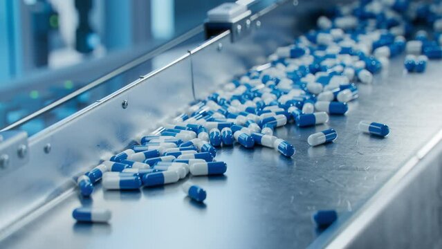 Capsules are Moving on Conveyor at Modern Pharmaceutical Factory. Tablet and Capsule Manufacturing Process. Close-up Shot of Medical Drug Production Line.