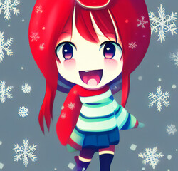 Fototapeta na wymiar Ilustración digital, estilo anime, de una niña feliz con fondo y ropa navideña.