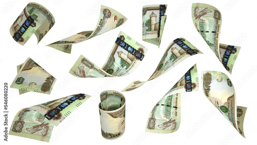 Aufkleber 3d rendering of 1000 uae dirham notes flying in different angles and orientations isolated on white 
