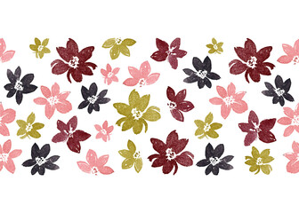 Fototapeta na wymiar Seamless banner with abstract flowers. Hand drawn illustration of blooming plants. Botanical design for greeting card design and packaging.