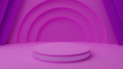 Purple neon pedestal of platform display with white modern stand podium with circle arch shapes on purple geometric background. Empty product shelf. 3D rendering