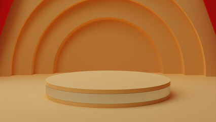 Orange pedestal of platform display with white modern stand podium with circle arch shapes on orange geometric background. Empty product shelf. 3D rendering