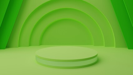 Green neon pedestal of platform display with white modern stand podium with circle arch shapes on green geometric background. Empty product shelf. 3D rendering