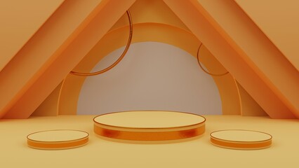 Orange  pedestal of platform display with metal gold modern stand podium with circle shapes on orange  geometric background. Empty product shelf. 3D rendering.