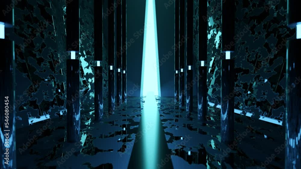 Poster futuristic 3d corridor with pillars and light. design. light pole at end of tunnel in futuristic pla