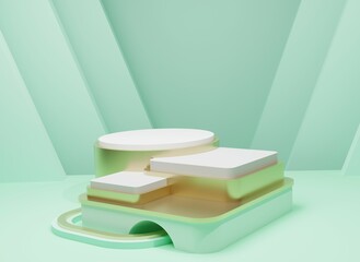 Green pastel pedestal of platform display with gold modern stand podium with geometric shapes on green blue background. Empty product shelf. 3D rendering.
