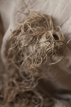 Vertical Shot Of Natural Fibers On A Jute Linen