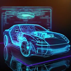 Futuristic service, scanning and automatic data analysis. Car development. A hologram of a Car in the HUD UI style. 3d illustration