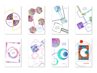 Cover design. Set of 8 covers. Imitation of crumpled paper. Unusual bright abstract background for magazine, book, splash, banner, vector. Imitation of crumpled paper