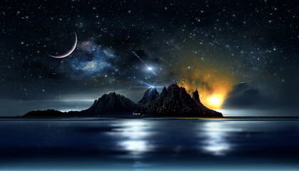 Starry night at sea  star fall and moon  on dark sky milky way  reflection and mountains and rock on horizont nature landscape