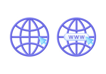 3D Globe hyperlink icon. Search WWW sign. Web hosting technology. Browser search website page.
