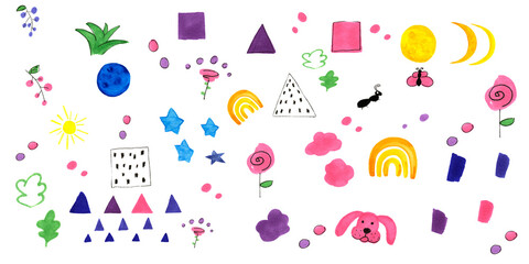 Hand drawn doodle collection. Dog, cloud, sun, rainbow, plant, ant, butterfly, flowers, geometric shapes. Children's room decor items, Digital paper.