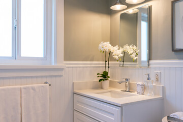 Neutral color scheme details of bathroom vanity with white orchid and wainscoting.
