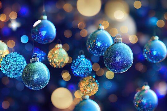 Blue And Gold Glass Christmas Ball Decorations, Glitter And Shine, Abstract Background 