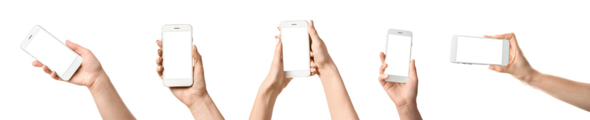 Collage of hands holding mobile phones with blank screens on white background