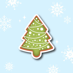Vector illustration. Sticker of a gingerbread cookie for Christmas and New Year. Background with snowflakes. Element for design and decor.