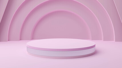 Pink pastel pedestal of platform display with white modern stand podium with circle arch shapes on pink geometric background. Empty product shelf. 3D rendering