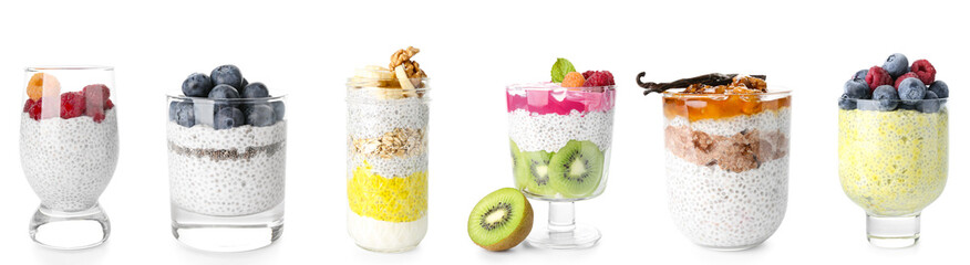Set of healthy chia pudding with fruits and nuts in glasses on white background
