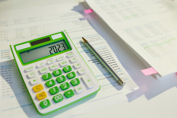 tax time. calculator and documents on desk