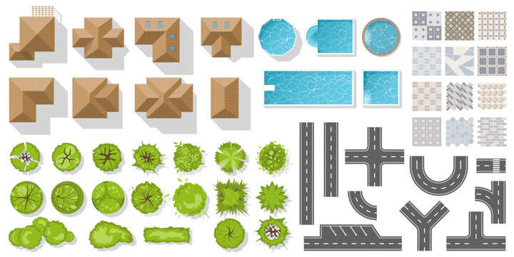 Set of elements top view for landscape design. Buildings and trees for City map. Collection of different types of Houses townhouse, residential, apartment, cottage, pool, road. Kit of isolated object