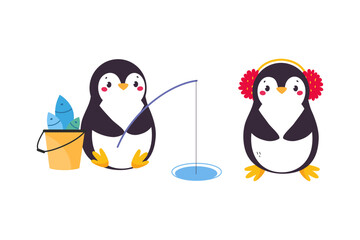 Cute Penguin with Red Cheeks Wearing Earmuffs and Fishing with Rod Vector Set