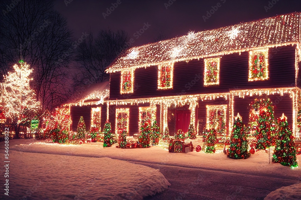 Wall mural christmas decoration on house with a lot of light bulbs and several decorated christmas trees, gener