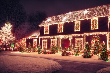 christmas decoration on house with a lot of light bulbs and several decorated christmas trees, generative ai