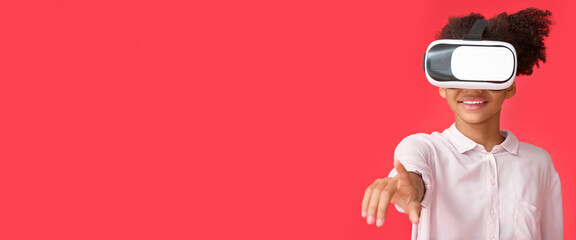 Teenage African-American girl with virtual reality glasses on red background with space for text