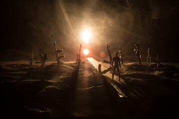 Creative artwork decoration war on Ukraine. Crowd looking on giant explosion and attacking soldiers.