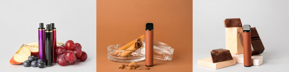 Collection of disposable electronic cigarettes on color background
