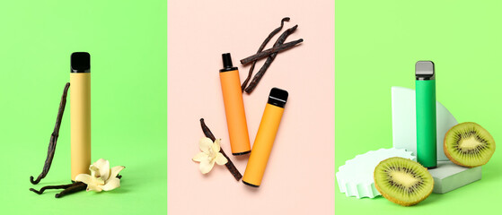 Collage of disposable electronic cigarettes on color background