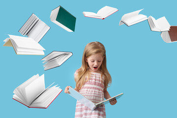Surprised little girl and many flying books on light blue background