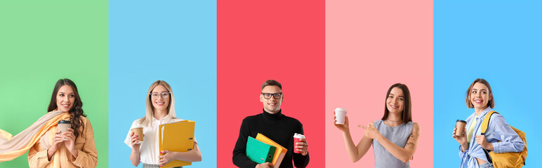 Group of different people with paper cups of coffee on color background - obrazy, fototapety, plakaty