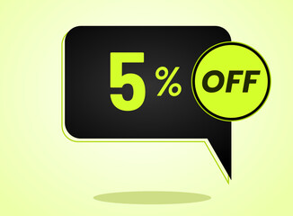 5% off limited special offer. Banner with 5 percent off in black and yellow green neon circular balloon.