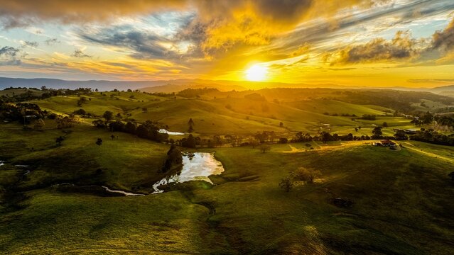 Beautiful sunset over a green meadow with a lake and lush trees